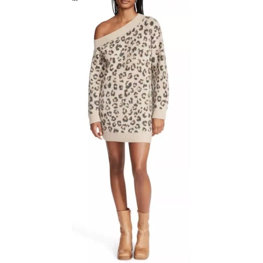 STEVE MADDEN Leopard Animal Print Sweater Knit Dress Slouchy Shoulder Women